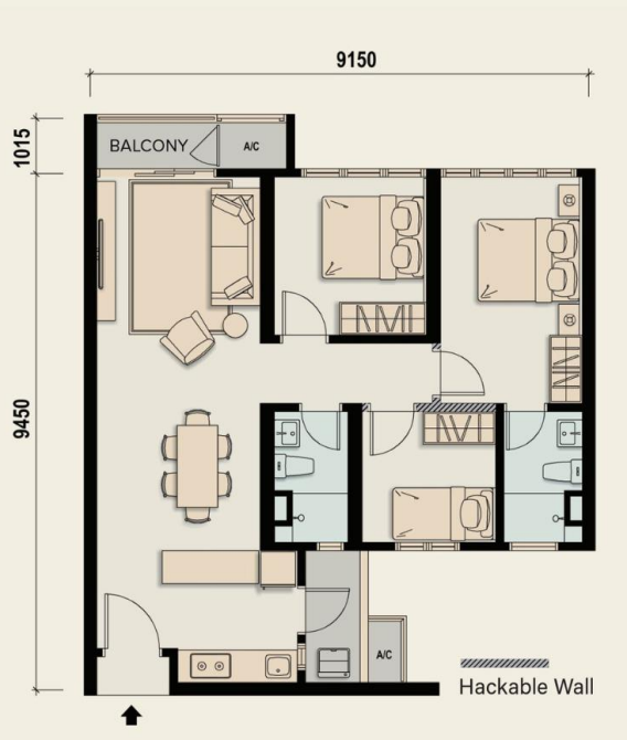 Type B: 3 Bedrooms, 2 Bathrooms (~855 sq ft) M Aspira Taman Desa