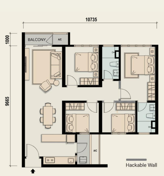Floor Plan Layout Type C M-Aspira 4 Bedrooms, 2 Bathrooms