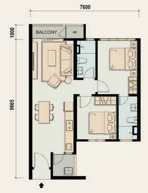 Type A: 2 Bedrooms, 2 Bathrooms (706 sq ft) M Aspira Taman Desa